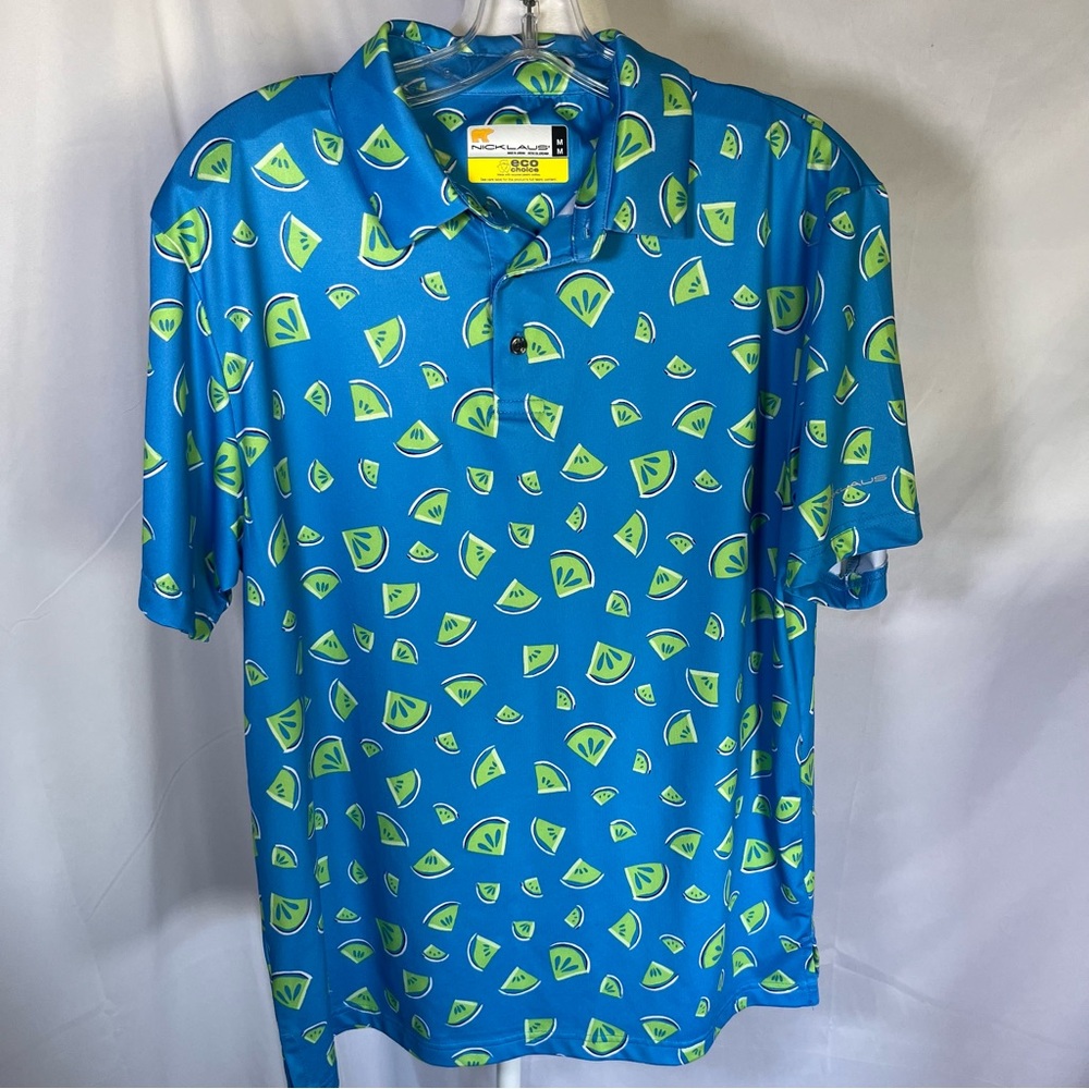 Nicklaus Eco Choice Performance Limes Print Golf Shirt Blue‎ & Green Size Medium